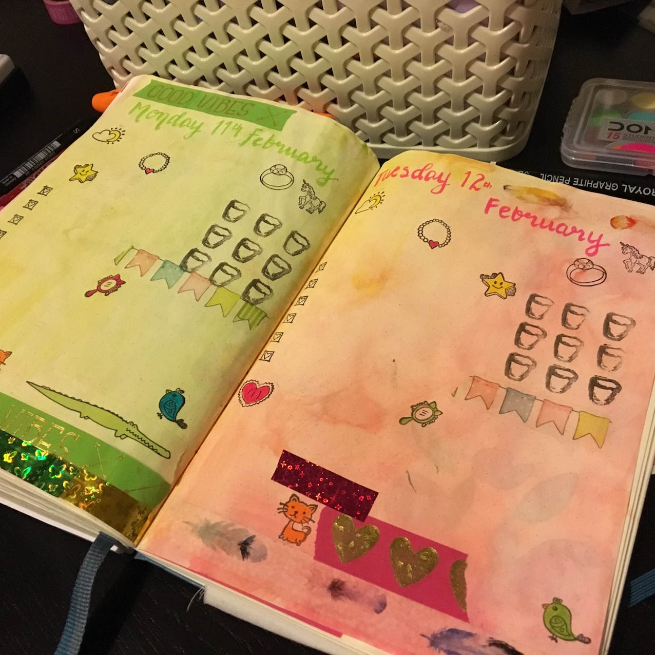 green pink bullet journal layout daily watercolour